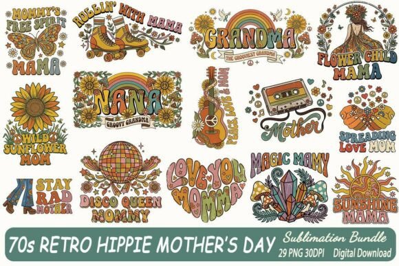 70s Retro Hippie Mother s Day PNG Bundle